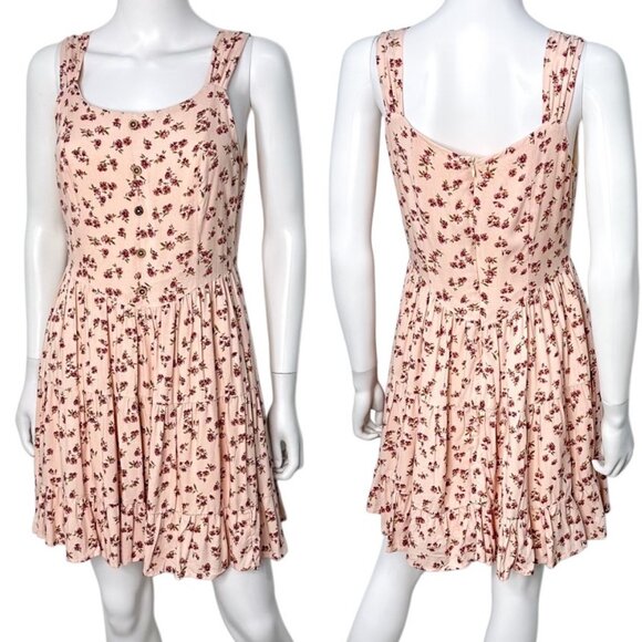 Altar’d State Faux Button Front Tiered Basque Waist Floral Print Mini Dress Pink - Picture 1 of 16